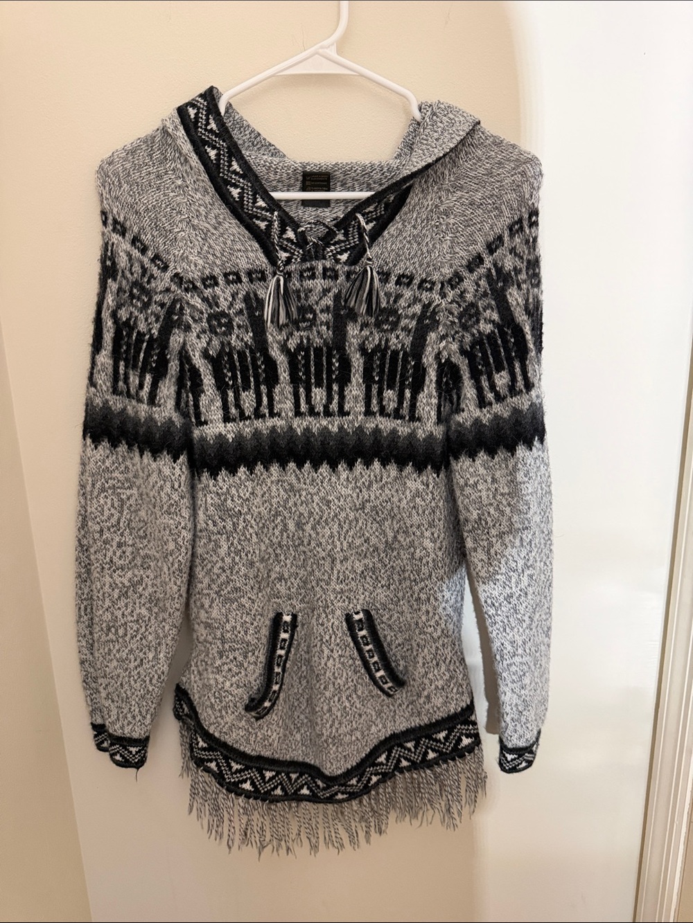 Gray Knit Cowl Sweater with Black Pattern